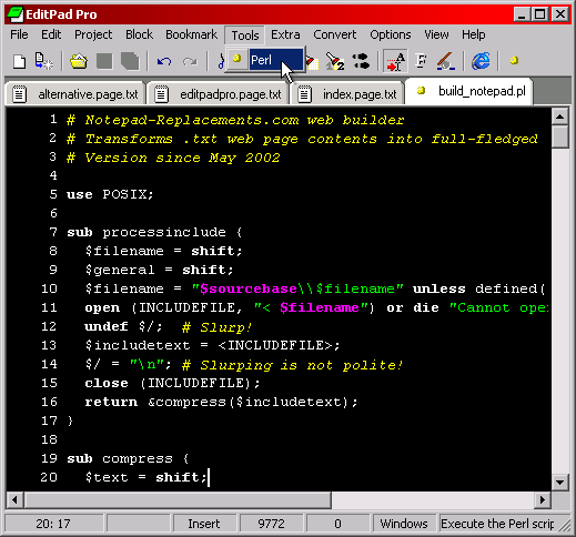 Screen shot of my copy of EditPad Pro while I am writing a Perl script