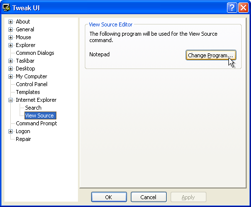 Changing the view source editor with Tweak UI under Windows XP